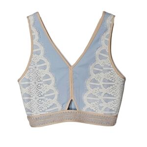 Endless Rose Powder Blue V-neck V-back Cream Lace Crop Top Keyhole Front small